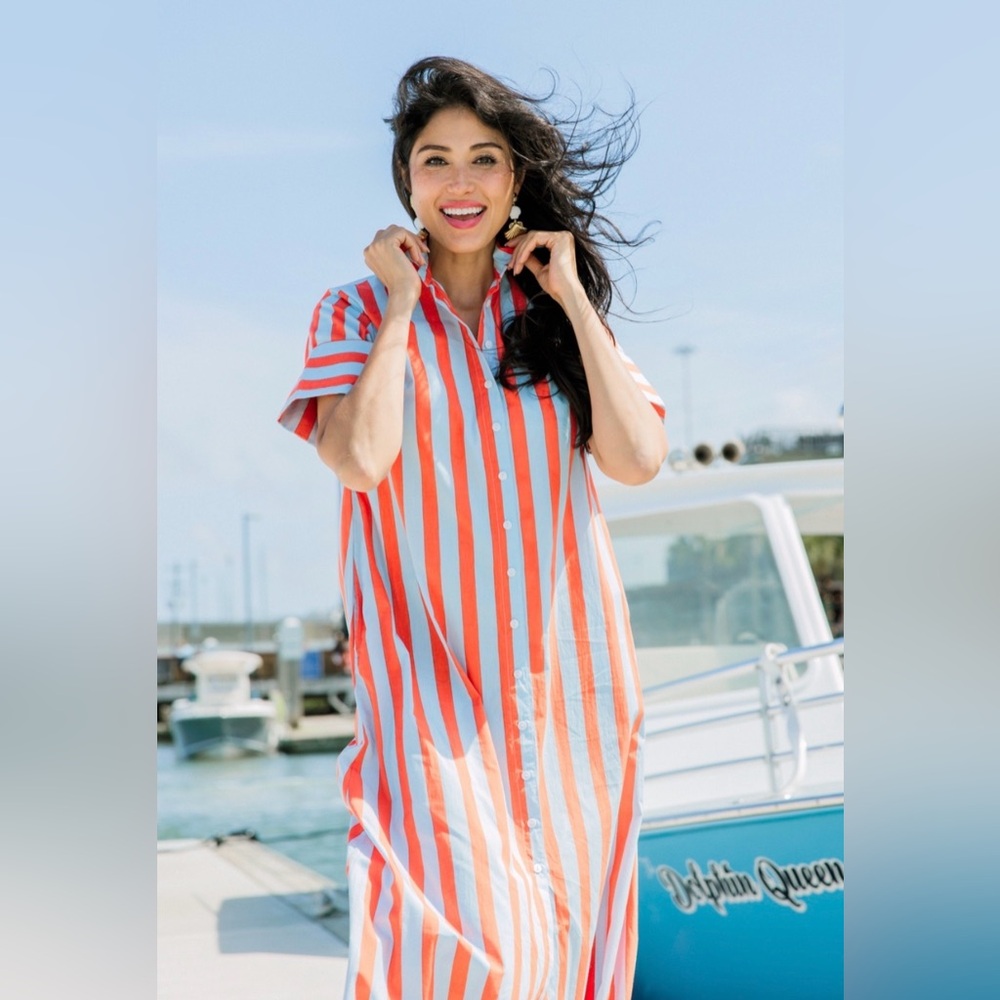 Livro Red and Blue Striped Button-Up Gibbons Shirt Dress, size small